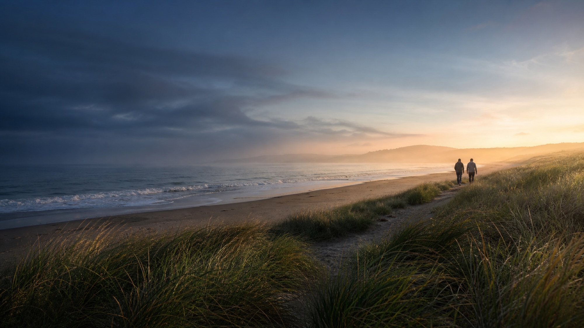 Two people walking together along a peaceful shoreline at sunrise
